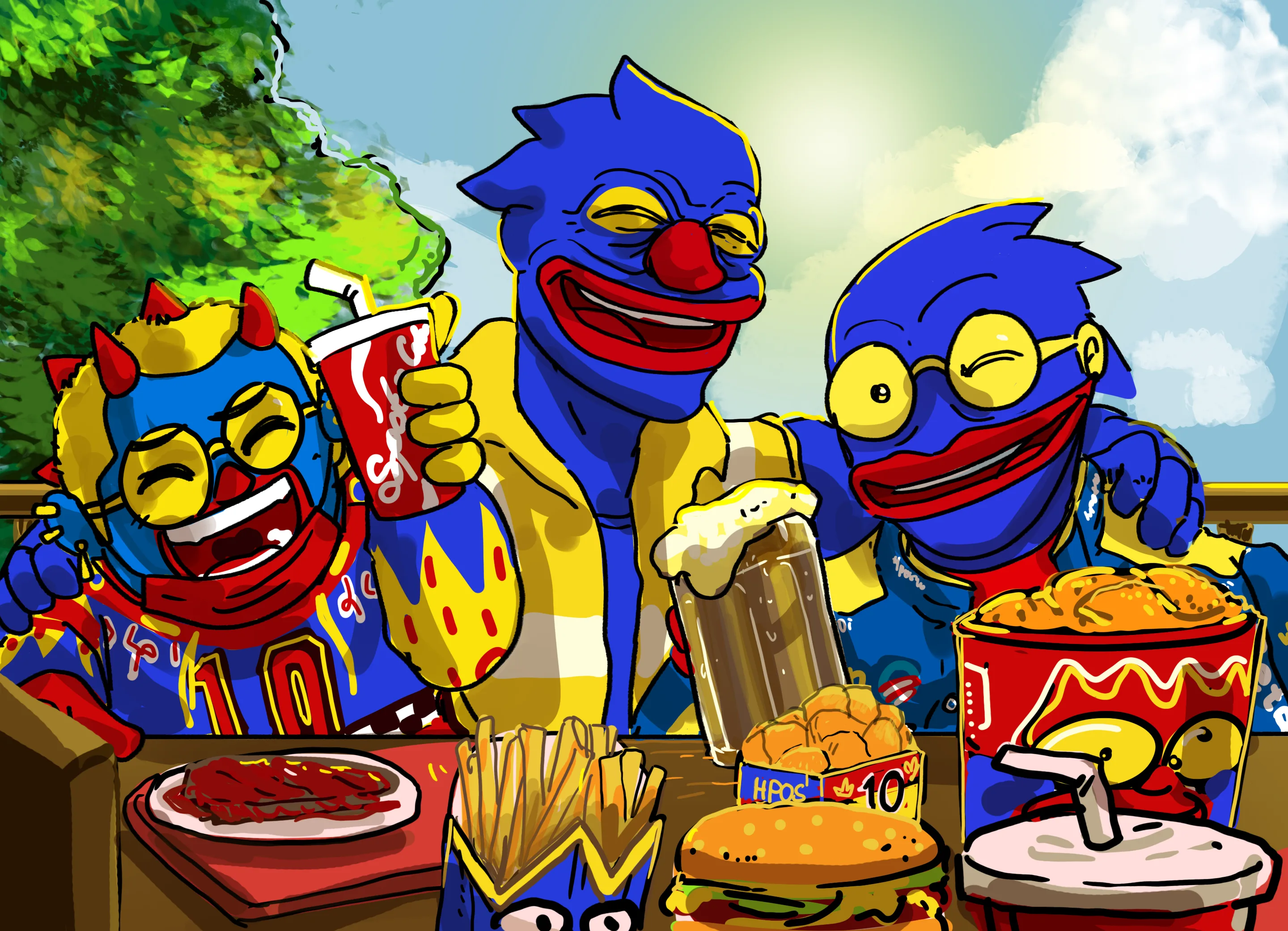Friends sharing food and drinks at Club HPOS10I